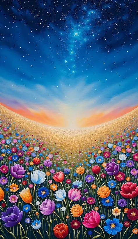 long shot、A night sky full of stars above a prairie blooming with flowers、design an abstract oil painting depicting a sea of blue wild flowers, Purple, red and orange、Three-dimensional oil painting、complex
expressive
blue
gold
purple
red
green