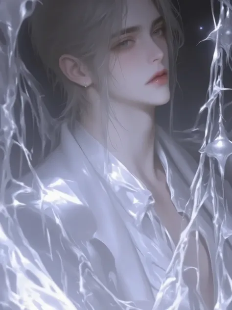 a handsome man with long hair antique black hair,a handsome man with long hair, an ancient brunette in a fairy-looking white Hanfu, traditional Chinese clothing , Double eyelids,Japanese Manga Style,The throat is obvious