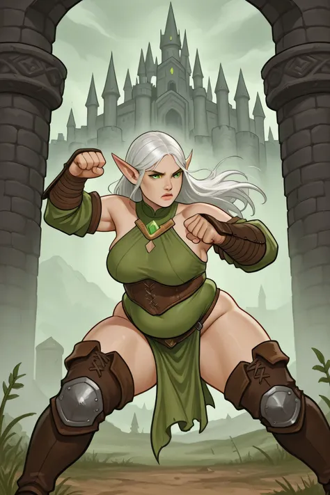 elf girl battle monk, alone in the foreground, in a fighting pose, She has white hair, green eyes, chubby, dark fantasy castle