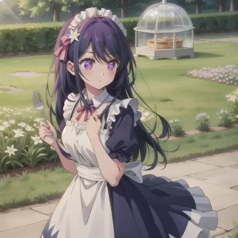 A cute anime-style maid with purple long hair and purple eyes, wearing a fluffy white and lavender maid dress. She has a hair ornament resembling purple flowers. In her right hand, she holds a white plate with omurice. In her left hand, she holds a silver ...