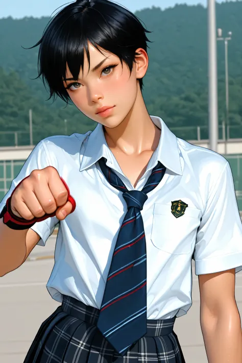 Best Quality,ultra detailed, Photo realstic,
(solo tomboy), black hair, slim, school uniform, looking for viewer, punch, flat chest,