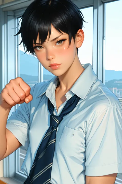 Best Quality,ultra detailed, Photo realstic,
(solo tomboy), black hair, slim, school uniform, looking for viewer, punch, flat chest,