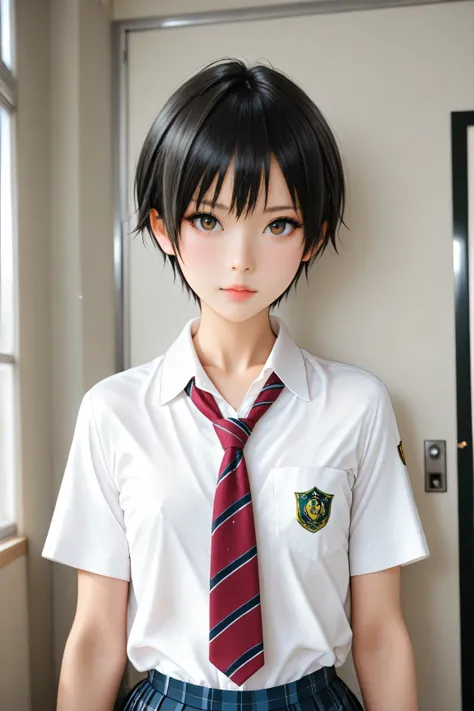 Best Quality,ultra detailed, Photo realstic,
(solo tomboy), black hair, slim, school uniform, looking for viewer, punch, flat chest,