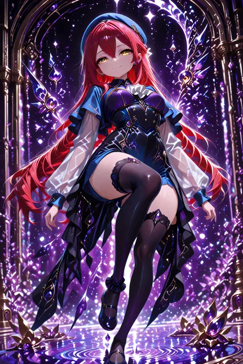 absurd_res, 8K, (masterpiece: 1.2), (best quality: 1.2), (detailed eyes, beautiful eyes:1.2), cinematic angle, cinematic shadows 

1 girl , golden eyes , very long hair , long sidelocks, red hair ,half updo, petite , very cute , beautiful ,Straight hair, c...