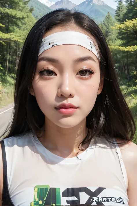 perfect face, (female asian, face asian), black hair, long hair, (white band head), black thin eyebrows, black eyes, black eyelashes, nose, normal lips, pink lips, female beautiful, collarbone, (huge breasts), (white tank top, artis name tank top), looking...