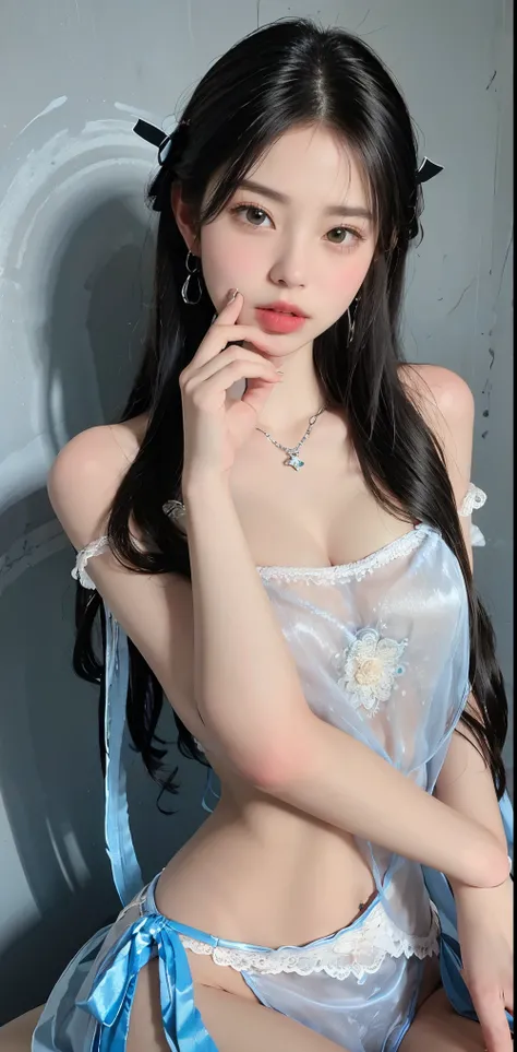 (masterpiece, highest quality:1.2), 8K, 85mm, Raw photo, confused, white and cyan theme, gray hair, gradient dress, delicate girl, Upper body, close your face, shiny skin, , looking at the viewer, HDR, sharp focus, particle, dusk sky, shiny skin, small eye...
