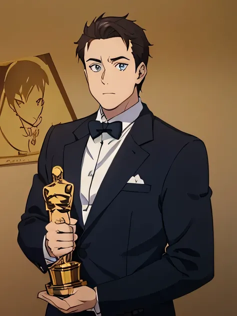 A manhwa-style character with short, neatly styled brown hair, light stubble, and sharp blue eyes, wearing a sleek black tuxedo with a white shirt and black bow tie. He is confidently holding a oscar awards trophy with both hands, standing against a warm g...