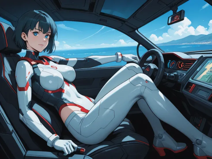 cybernetic woman in car cockpit anime