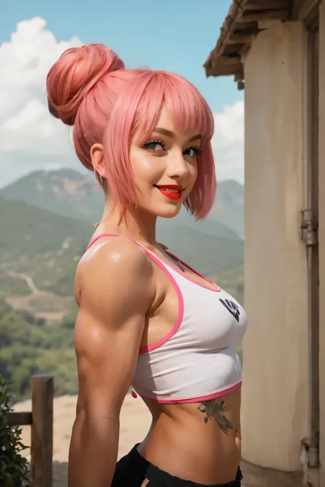 (outdoors:1.2), 1girl, hair bun, bob cut, pink hair, black eyebrows, thin eyebrows, big eyes, blue eyes, bright red lips, thick lips, big smile, perfect face, beautiful woman, small breasts, (muscles:1.1), (abs1.2), tank top, from side, looking at viewer