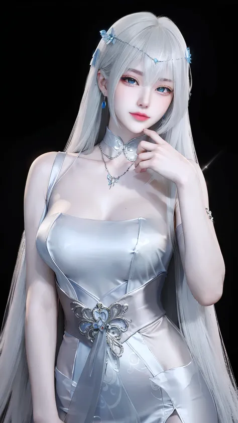 (masterpiece, highest quality:1.2), 8K, 85mm, Raw photo, confused, white and cyan theme, gray hair, gradient dress, delicate girl, Upper body, close your face, shiny skin, , looking at the viewer, HDR, sharp focus, particle, dusk sky, shiny skin, small eye...
