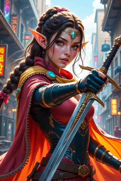 a picture of a female elf (intense details, Masterpiece, best quality) fantasy swashbuckler, fantasy fencer, armed with a slim sword, shinning sword, metallic shine, colorful clothes, dynamic clothing, an ultra wide shot, full body (intense details, Master...