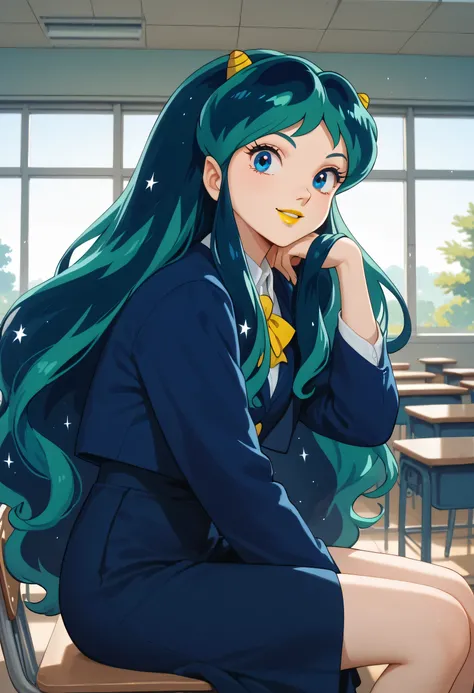 woman, anime style, yellow lipstick, looking at viewer, sitting, classroom, focus on character, white skin, blue eyes, blue-green hair, cosmic hair, female Japanese school outfit, small yellow horns, loose hair, side view, long hair, happy, cheerful, fanta...