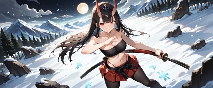 ((masterpiece, best quality, ultra detailed, high resolution, beautiful detailed face, beautiful detailed eyes, perfect hands, 4K)), (1 woman, solo), oni, one cute horn, (medium breasts), (silver long hair, straight hair, hair bangs), (black color clothes:...
