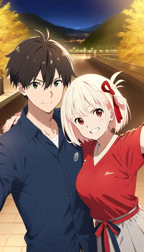 Couple selfie、girl in black、1 boy、stand side by side with man、
CHISATO NISHIKIGI(ANNIVER), Base Outfits, 1 girl, Recise, solo,  Gold, Red Eyes, ribbon, two-tone dress, red ribbon, dress, grey dress, short hair, pleated dress, hair ribbon, red belt, red dre...