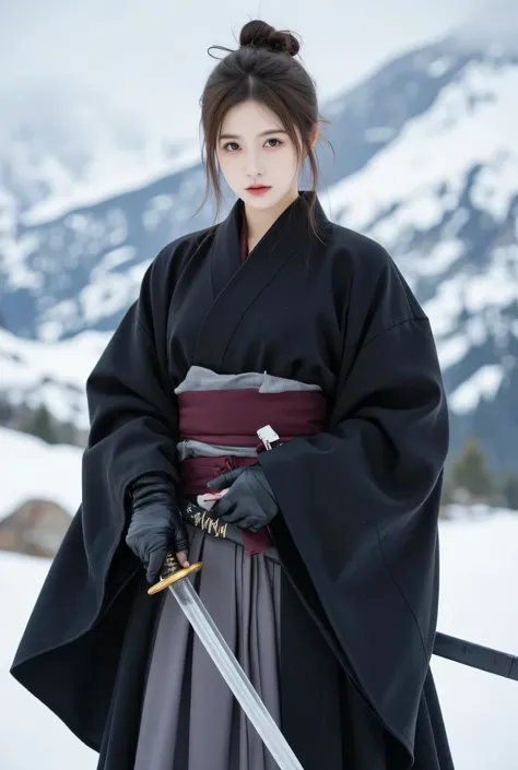 A beautiful young female samurai warrior standing in a snowy landscape, wearing a traditional black kimono with wide flowing sleeves, layered over a muted grey pleated skirt, tightly bound with a deep maroon sash around her waist. She has long dark brown h...
