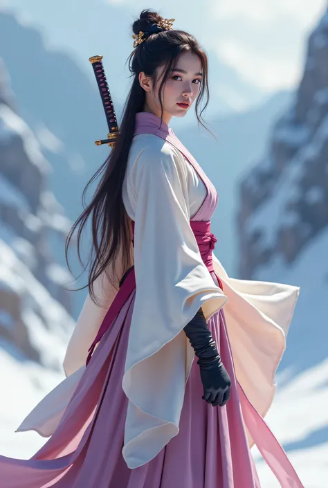 A beautiful young female samurai warrior standing in a snowy landscape, wearing a flowing traditional kimono in soft white, pastel pink, and muted lavender-purple tones. The robe features wide sleeves and graceful fabric folds, layered over a pleated skirt...