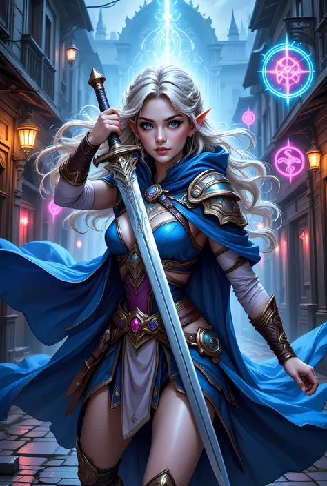 a picture of a female elf (intense details, Masterpiece, best quality) fantasy swashbuckler, fantasy fencer, armed with a slim sword, shinning sword, metallic shine, colorful clothes, dynamic clothing, an ultra wide shot, full body (intense details, Master...
