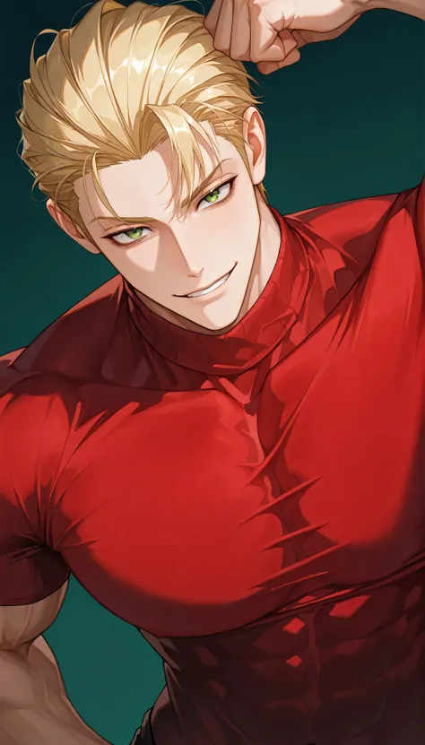 One male , handsome , heavily muscular , bulky body , broad chest , thick arms , short hair , blonde hair , slicked-back hairstyle , keen eyes , green eyes , intense eyes , dark circles under the eyes , playful smile , playful face , red turtleneck shirt ,...