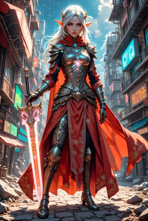 a picture of a female elf (intense details, Masterpiece, best quality) fantasy swashbuckler, fantasy fencer, armed with a slim sword, shinning sword, metallic shine, colorful clothes, dynamic clothing, an ultra wide shot, full body (intense details, Master...