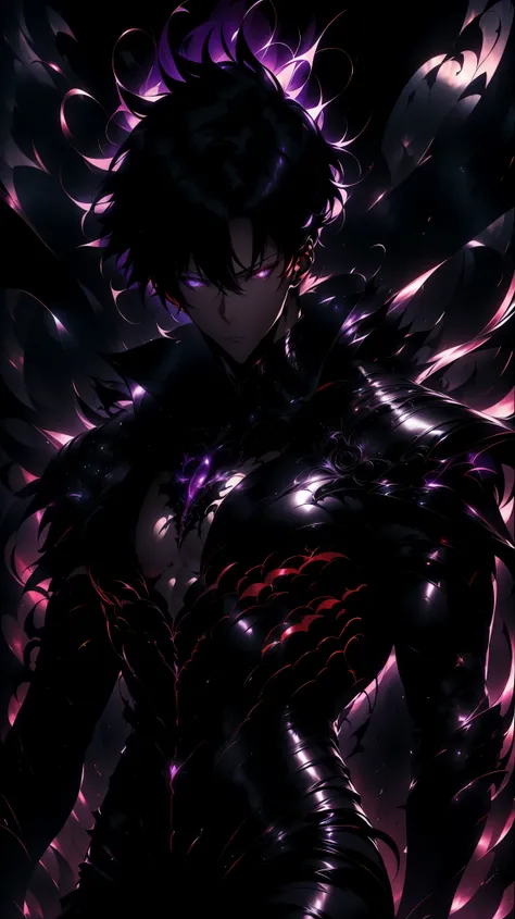 Super-detailed 8K masterpiece full-body portrait of a lone male assassin character inspired by Kaneki Ken in Tokyo Ghoul, laugh confidently, cruel, in the art style of Solo Leveling. short black hair, glowing purple eyes, pale skin , cinema light, Strong ...