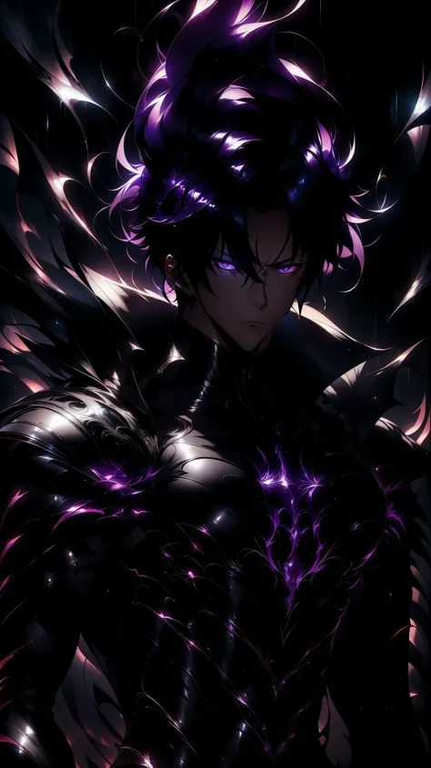 Super-detailed 8K masterpiece full-body portrait of a lone male assassin character inspired by Kaneki Ken in Tokyo Ghoul, laugh confidently, cruel, in the art style of Solo Leveling. short black hair, glowing purple eyes, pale skin , cinema light, Strong ...