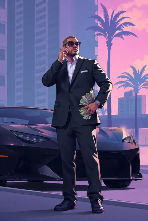 GTA 6 style: A smartly dressed brown lightskin man in a grey hoodie with a buzz cut and sunglasses stands beside a black sports car outside a high-rise hotel at dawn, holding a phone to his ear and glancing sideways, as pink-orange morning light reflects o...