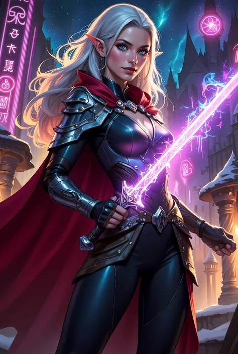 a picture of a female elf (intense details, Masterpiece, best quality) fantasy swashbuckler, fantasy fencer, armed with a slim sword, shinning sword, metallic shine, colorful clothes, dynamic clothing, an ultra wide shot, full body (intense details, Master...