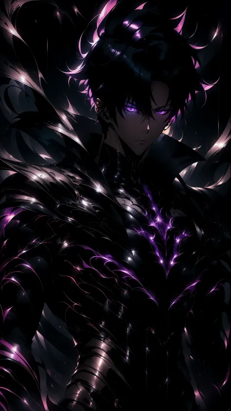Super-detailed 8K masterpiece full-body portrait of a lone male assassin character inspired by Kaneki Ken in Tokyo Ghoul, laugh confidently, cruel, in the art style of Solo Leveling. short black hair, glowing purple eyes, pale skin , cinema light, Strong ...
