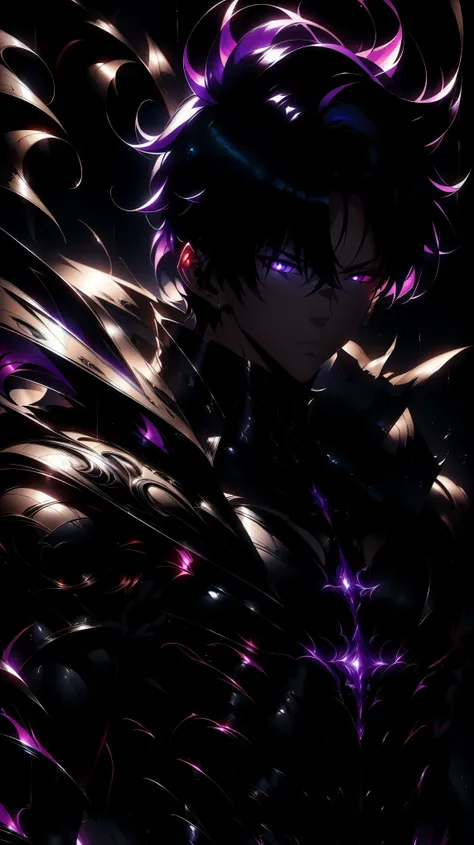 Super-detailed 8K masterpiece full-body portrait of a lone male assassin character inspired by Kaneki Ken in Tokyo Ghoul, laugh confidently, cruel, in the art style of Solo Leveling. short black hair, glowing purple eyes, pale skin , cinema light, Strong ...