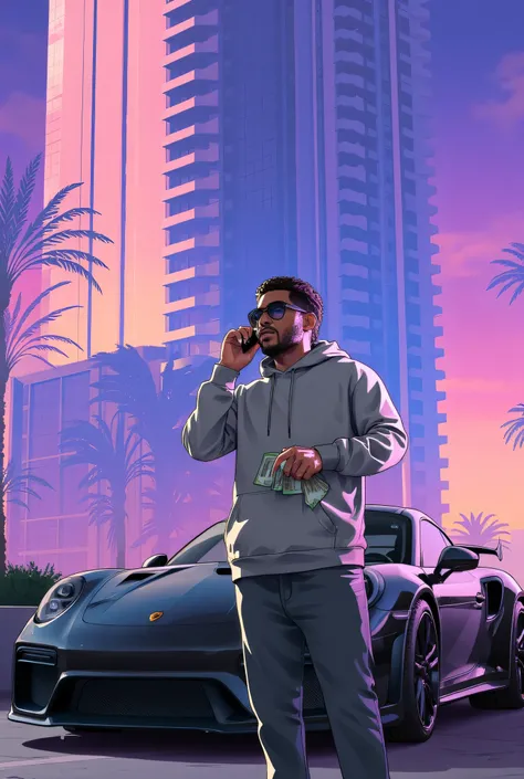 GTA 6 style: A smartly dressed brown lightskin man in a grey hoodie with a short afro and sunglasses stands beside a black sports car outside a high-rise hotel at dawn, holding a phone to his ear and glancing sideways, as pink-orange morning light reflects...