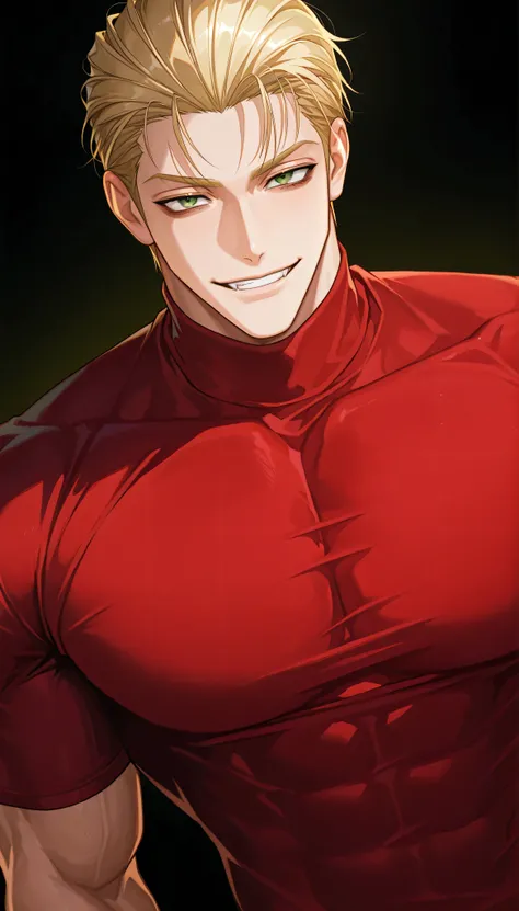 One male , handsome , heavily muscular , bulky body , broad chest , thick arms , short hair , blonde hair , slicked-back hairstyle , keen eyes , green eyes , intense eyes , dark circles under the eyes , playful smile , playful face , red turtleneck shirt ,...