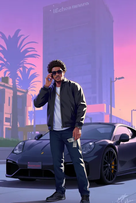 GTA 6 style: A smartly dressed brown lightskin man in a grey hoodie with a short afro and sunglasses stands beside a black sports car outside a high-rise hotel at dawn, holding a phone to his ear and glancing sideways, as pink-orange morning light reflects...
