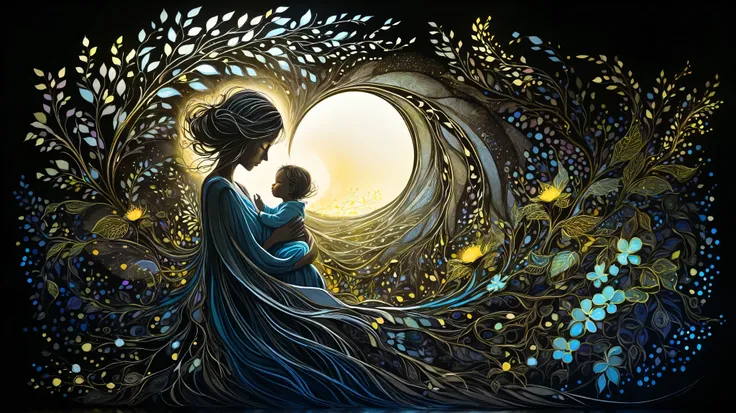 Dreamlike digital artwork of a mother holding her baby in her arms. Her cascading hair transforms into a vibrant waterfall of neon blackberries and flowers detailed with a zentangle pattern, twisting into a tornado of love and affection, becoming a cloak t...