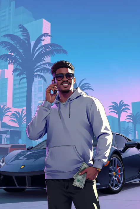 GTA 6 style: A smartly dressed brown lightskin man in a grey hoodie with a short afro and sunglasses stands beside a black sports car outside a high-rise hotel at dawn, holding a phone to his ear and glancing sideways, as blue -pink morning light reflects ...