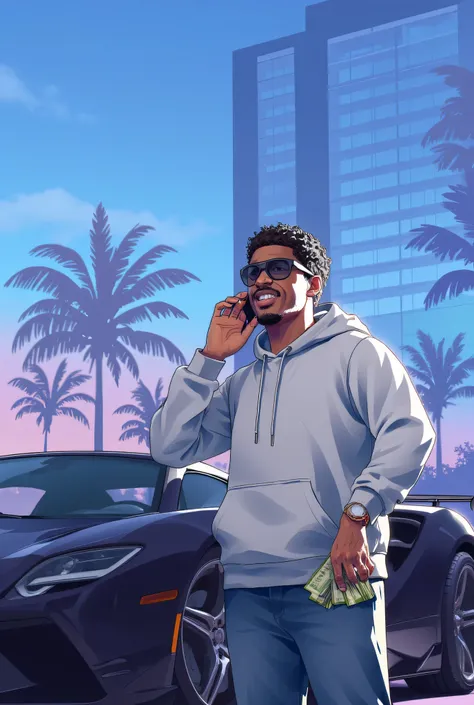 GTA 6 style: A smartly dressed brown lightskin man in a grey hoodie with a short afro and sunglasses stands beside a black sports car outside a high-rise hotel at dawn, holding a phone to his ear and glancing sideways, as blue -pink morning light reflects ...
