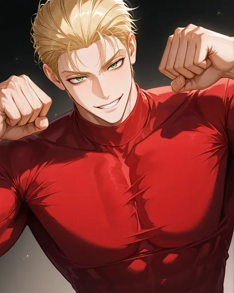 One male , handsome , heavily muscular , bulky body , broad chest , thick arms , short hair , blonde hair , slicked-back hairstyle , keen eyes , green eyes , intense eyes , dark circles under the eyes , playful smile , playful face , red turtleneck shirt ,...