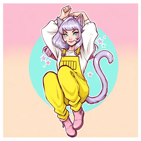 Sticker style, with border highlighting the linear art. Girl with fair skin, long purple hair down to her shoulders with slightly spiky ends, with white streaks, two cat ears with fluffy tips, her tail raised and fluffy at the tip, turquoise eyes with a te...