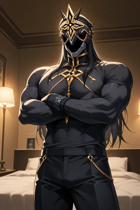 score_9, score_7_up,  source _ Anime Ilcapitano , a boy, Alone, male approach, BLACK HAIR, Long hair, Mascara, Faceless,  Masked man ,
 Hotel room interior ,,  Party atmosphere , interior lighting,
black fitted t-shirt,  Gala t-shirt , Long-sleeved black t...