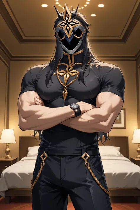 score_9, score_7_up,  source _ Anime Ilcapitano , a boy, Alone, male approach, BLACK HAIR, Long hair, Mascara, Faceless,  Masked man ,
 Hotel room interior ,,  Party atmosphere , interior lighting,
black fitted t-shirt,  Gala t-shirt , Long-sleeved black t...