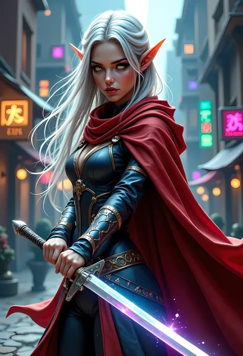 a picture of a female elf (intense details, Masterpiece, best quality) fantasy swashbuckler, fantasy fencer, armed with a slim sword, shinning sword, metallic shine, colorful clothes, dynamic clothing, an ultra wide shot, full body (intense details, Master...