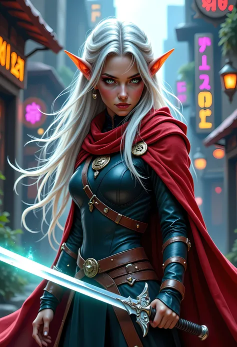 a picture of a female elf (intense details, Masterpiece, best quality) fantasy swashbuckler, fantasy fencer, armed with a slim sword, shinning sword, metallic shine, colorful clothes, dynamic clothing, an ultra wide shot, full body (intense details, Master...