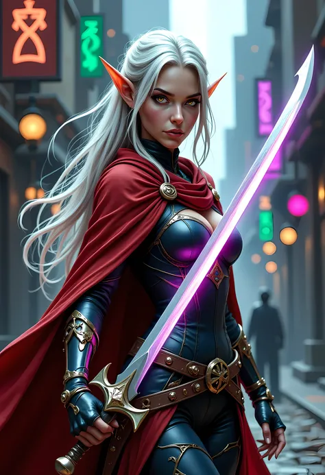 a picture of a female elf (intense details, Masterpiece, best quality) fantasy swashbuckler, fantasy fencer, armed with a slim sword, shinning sword, metallic shine, colorful clothes, dynamic clothing, an ultra wide shot, full body (intense details, Master...