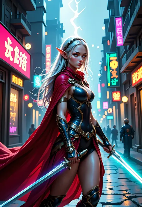 a picture of a female elf (intense details, Masterpiece, best quality) fantasy swashbuckler, fantasy fencer, armed with a slim sword, shinning sword, metallic shine, colorful clothes, dynamic clothing, an ultra wide shot, full body (intense details, Master...
