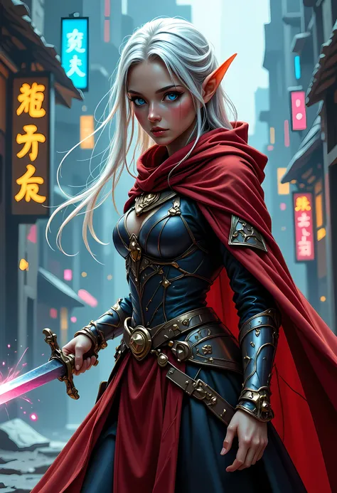 a picture of a female elf (intense details, Masterpiece, best quality) fantasy swashbuckler, fantasy fencer, armed with a slim sword, shinning sword, metallic shine, colorful clothes, dynamic clothing, an ultra wide shot, full body (intense details, Master...