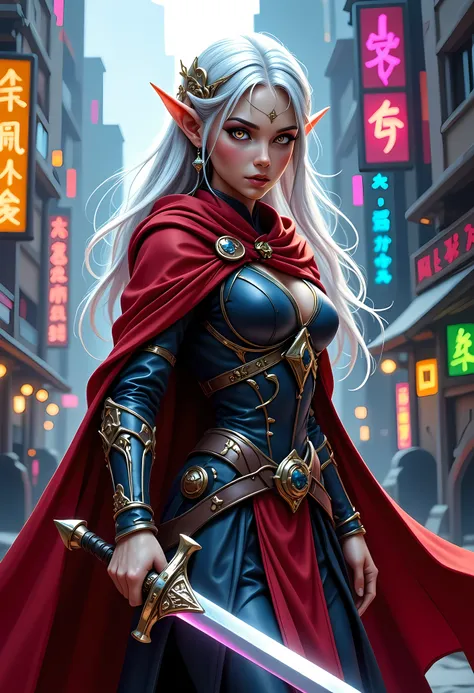 a picture of a female elf (intense details, Masterpiece, best quality) fantasy swashbuckler, fantasy fencer, armed with a slim sword, shinning sword, metallic shine, colorful clothes, dynamic clothing, an ultra wide shot, full body (intense details, Master...