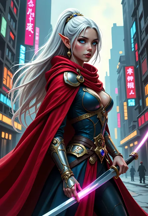 a picture of a female elf (intense details, Masterpiece, best quality) fantasy swashbuckler, fantasy fencer, armed with a slim sword, shinning sword, metallic shine, colorful clothes, dynamic clothing, an ultra wide shot, full body (intense details, Master...