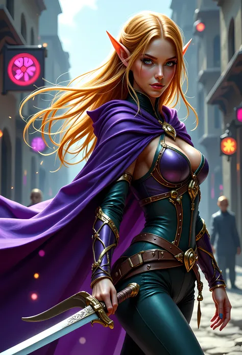 a picture of a female elf (intense details, Masterpiece, best quality) fantasy swashbuckler, fantasy fencer, armed with a slim sword, shinning sword, metallic shine, colorful clothes, dynamic clothing, an ultra wide shot, full body (intense details, Master...