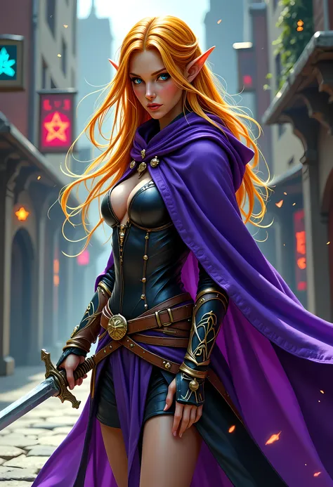a picture of a female elf (intense details, Masterpiece, best quality) fantasy swashbuckler, fantasy fencer, armed with a slim sword, shinning sword, metallic shine, colorful clothes, dynamic clothing, an ultra wide shot, full body (intense details, Master...