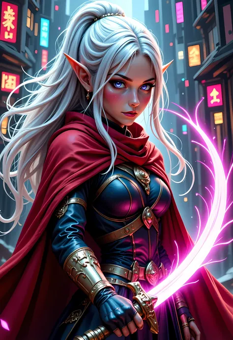 a picture of a female elf (intense details, Masterpiece, best quality) fantasy swashbuckler, fantasy fencer, armed with a slim sword, shinning sword, metallic shine, colorful clothes, dynamic clothing, an ultra wide shot, full body (intense details, Master...