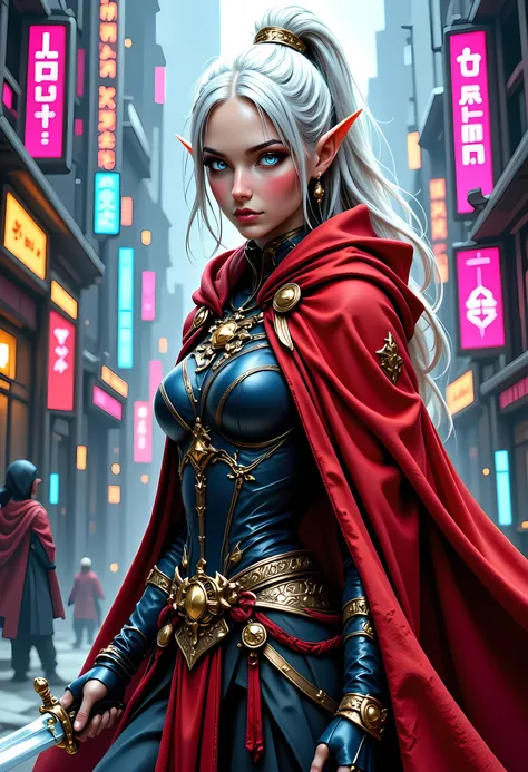 a picture of a female elf (intense details, Masterpiece, best quality) fantasy swashbuckler, fantasy fencer, armed with a slim sword, shinning sword, metallic shine, colorful clothes, dynamic clothing, an ultra wide shot, full body (intense details, Master...